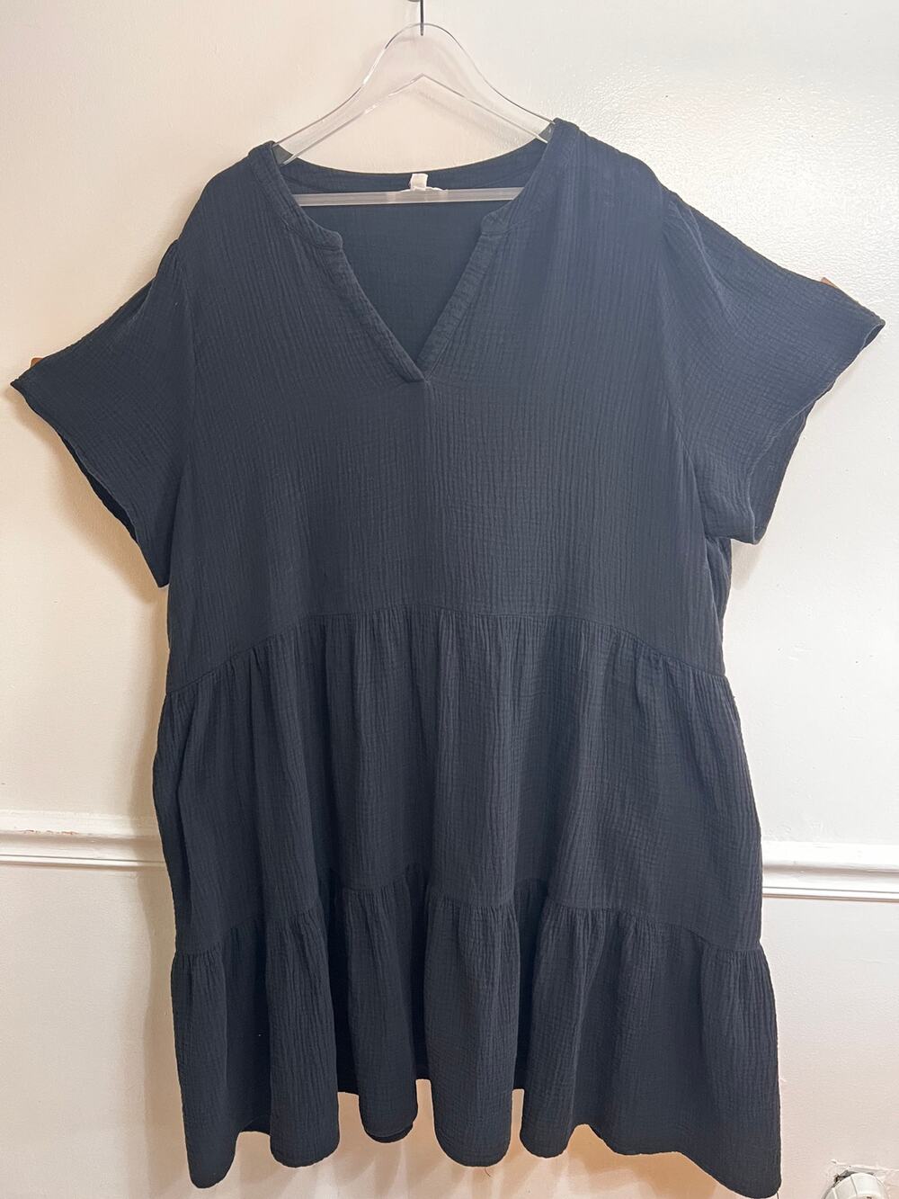 Lucky Brand 3X Black Cotton Gauze Tiered Dress Short Sleeve with Pockets